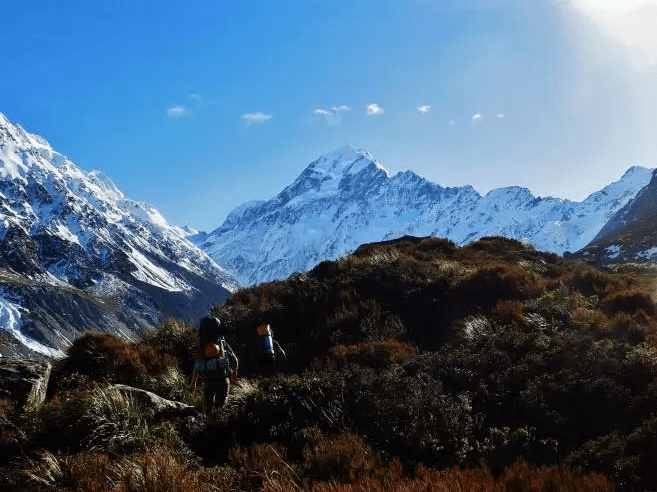 Travelling up the Hooker Valley with Mount Cook looming majestically above us.