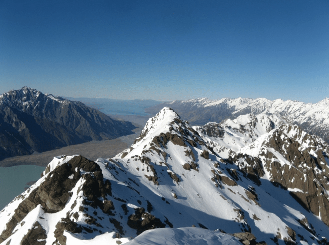 The Mount Cook Range with the Mackenzie Basin in the distance.
